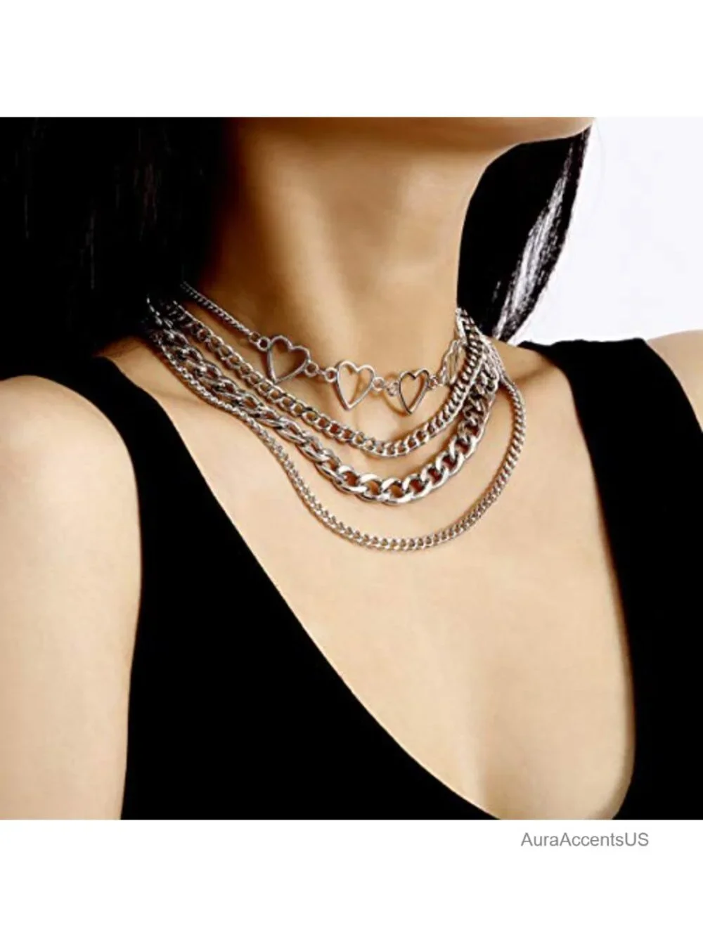 Layered Cuban Chain Necklace Set with Heart Pendant Choker for Women Men Y2K
